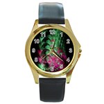 Pink And Green Shapes Make A Pretty Fractal Image Round Gold Metal Watch Front