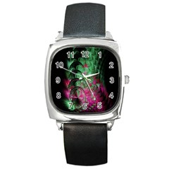 Pink And Green Shapes Make A Pretty Fractal Image Square Metal Watch by Simbadda