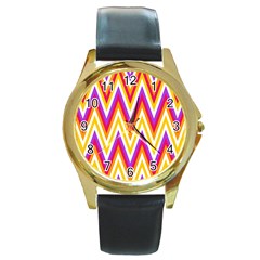 Colorful Chevrons Zigzag Pattern Seamless Round Gold Metal Watch by Simbadda