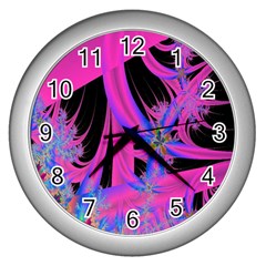 Fractal In Bright Pink And Blue Wall Clocks (silver)  by Simbadda