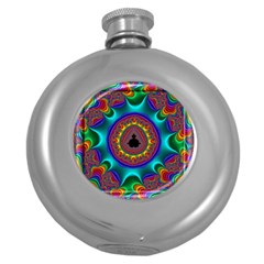 3d Glass Frame With Kaleidoscopic Color Fractal Imag Round Hip Flask (5 Oz) by Simbadda