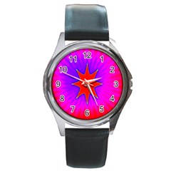 Pink Digital Computer Graphic Round Metal Watch by Simbadda