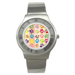 Colorful Animal Paw Prints Background Stainless Steel Watch by Simbadda