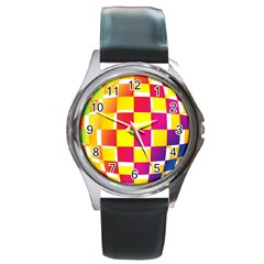 Squares Colored Background Round Metal Watch