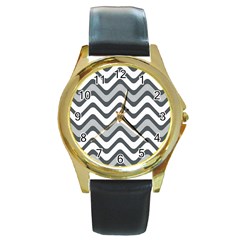 Shades Of Grey And White Wavy Lines Background Wallpaper Round Gold Metal Watch by Simbadda