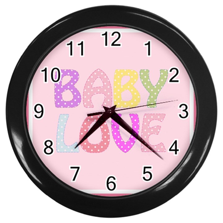 Pink Baby Love Text In Colorful Polka Dots Wall Clocks (Black)