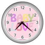 Pink Baby Love Text In Colorful Polka Dots Wall Clocks (Silver)  Front