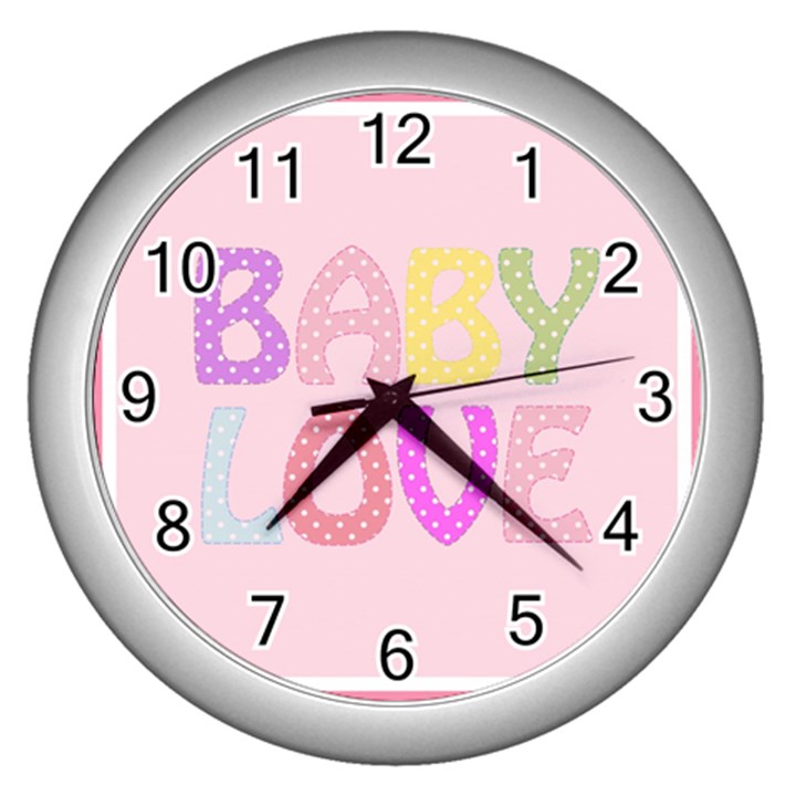 Pink Baby Love Text In Colorful Polka Dots Wall Clocks (Silver) 