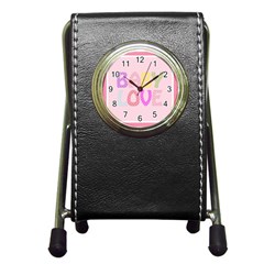 Pink Baby Love Text In Colorful Polka Dots Pen Holder Desk Clocks by Simbadda