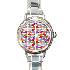 Colorful Bright Leaf Pattern Background Round Italian Charm Watch by Simbadda