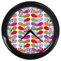 Colorful Bright Leaf Pattern Background Wall Clocks (black) by Simbadda