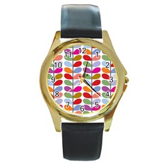 Colorful Bright Leaf Pattern Background Round Gold Metal Watch by Simbadda