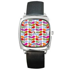 Colorful Bright Leaf Pattern Background Square Metal Watch by Simbadda