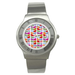 Colorful Bright Leaf Pattern Background Stainless Steel Watch by Simbadda