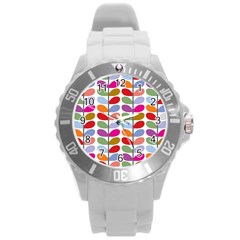 Colorful Bright Leaf Pattern Background Round Plastic Sport Watch (l) by Simbadda