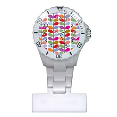 Colorful Bright Leaf Pattern Background Plastic Nurses Watch by Simbadda