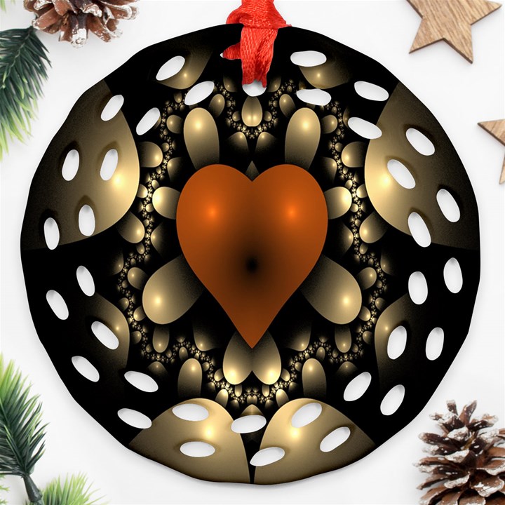 Fractal Of A Red Heart Surrounded By Beige Ball Ornament (Round Filigree)