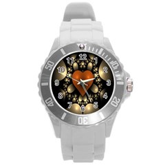 Fractal Of A Red Heart Surrounded By Beige Ball Round Plastic Sport Watch (l) by Simbadda