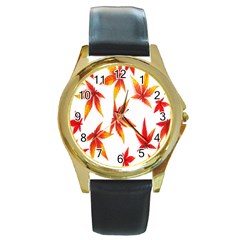 Colorful Autumn Leaves On White Background Round Gold Metal Watch by Simbadda