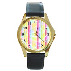 Colorful Abstract Stripes Circles And Waves Wallpaper Background Round Gold Metal Watch by Simbadda