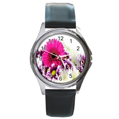 Pink Purple And White Flower Bouquet Round Metal Watch