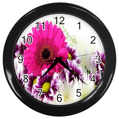 Pink Purple And White Flower Bouquet Wall Clocks (Black)