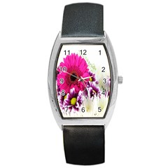 Pink Purple And White Flower Bouquet Barrel Style Metal Watch