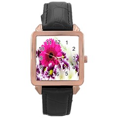 Pink Purple And White Flower Bouquet Rose Gold Leather Watch 