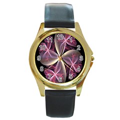 Pink And Cream Fractal Image Of Flower With Kisses Round Gold Metal Watch by Simbadda