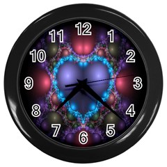 Blue Heart Fractal Image With Help From A Script Wall Clocks (black) by Simbadda