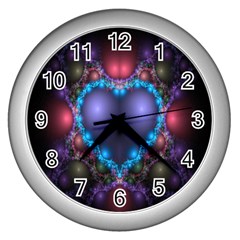 Blue Heart Fractal Image With Help From A Script Wall Clocks (silver)  by Simbadda