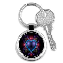 Blue Heart Fractal Image With Help From A Script Key Chains (round)  by Simbadda