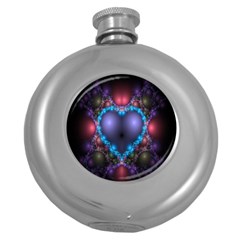 Blue Heart Fractal Image With Help From A Script Round Hip Flask (5 Oz) by Simbadda