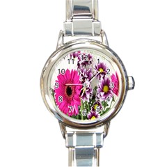 Purple White Flower Bouquet Round Italian Charm Watch by Simbadda