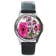 Purple White Flower Bouquet Round Metal Watch by Simbadda