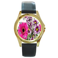 Purple White Flower Bouquet Round Gold Metal Watch by Simbadda