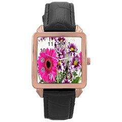 Purple White Flower Bouquet Rose Gold Leather Watch  by Simbadda