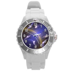 Fractal Magic Flames In 3d Glass Frame Round Plastic Sport Watch (l) by Simbadda