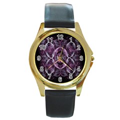 Fractal In Lovely Swirls Of Purple And Blue Round Gold Metal Watch by Simbadda