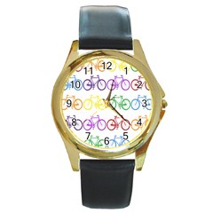 Rainbow Colors Bright Colorful Bicycles Wallpaper Background Round Gold Metal Watch by Simbadda