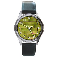 Modern Green Bricks Background Image Round Metal Watch by Simbadda