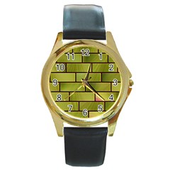 Modern Green Bricks Background Image Round Gold Metal Watch by Simbadda