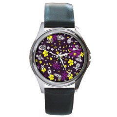 Flowers Floral Background Colorful Vintage Retro Busy Wallpaper Round Metal Watch by Simbadda