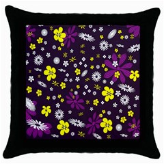 Flowers Floral Background Colorful Vintage Retro Busy Wallpaper Throw Pillow Case (black) by Simbadda