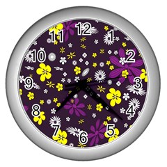 Flowers Floral Background Colorful Vintage Retro Busy Wallpaper Wall Clocks (silver)  by Simbadda