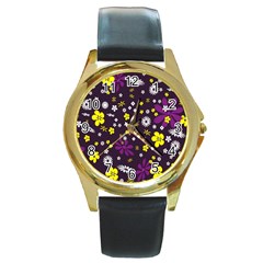 Flowers Floral Background Colorful Vintage Retro Busy Wallpaper Round Gold Metal Watch by Simbadda