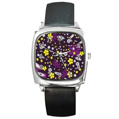 Flowers Floral Background Colorful Vintage Retro Busy Wallpaper Square Metal Watch by Simbadda