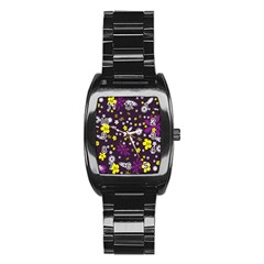 Flowers Floral Background Colorful Vintage Retro Busy Wallpaper Stainless Steel Barrel Watch by Simbadda