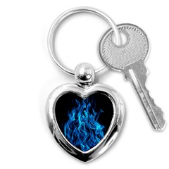 Digitally Created Blue Flames Of Fire Key Chains (heart)  by Simbadda