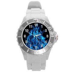 Digitally Created Blue Flames Of Fire Round Plastic Sport Watch (l) by Simbadda